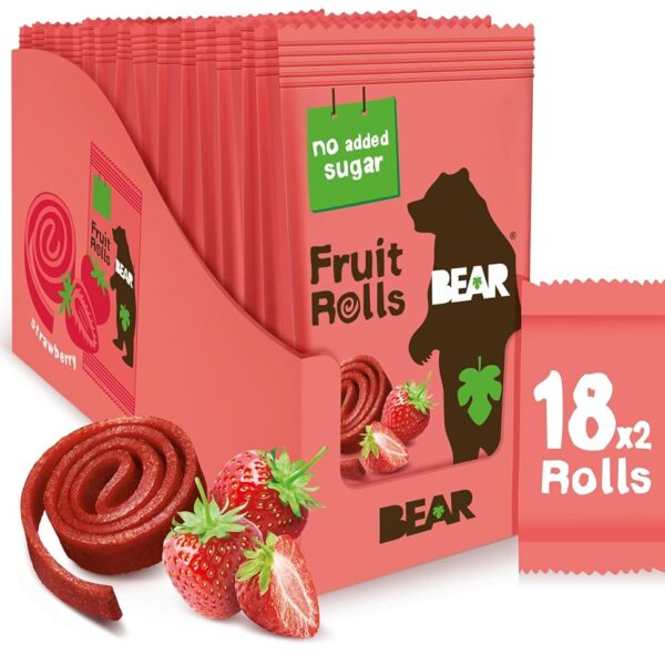 BEAR Fruit Rolls Strawberry - 100% Natural Ingredients - No added sugar - Healthy School and Lunch Snacks for Kids and Adults - 18 x 20g