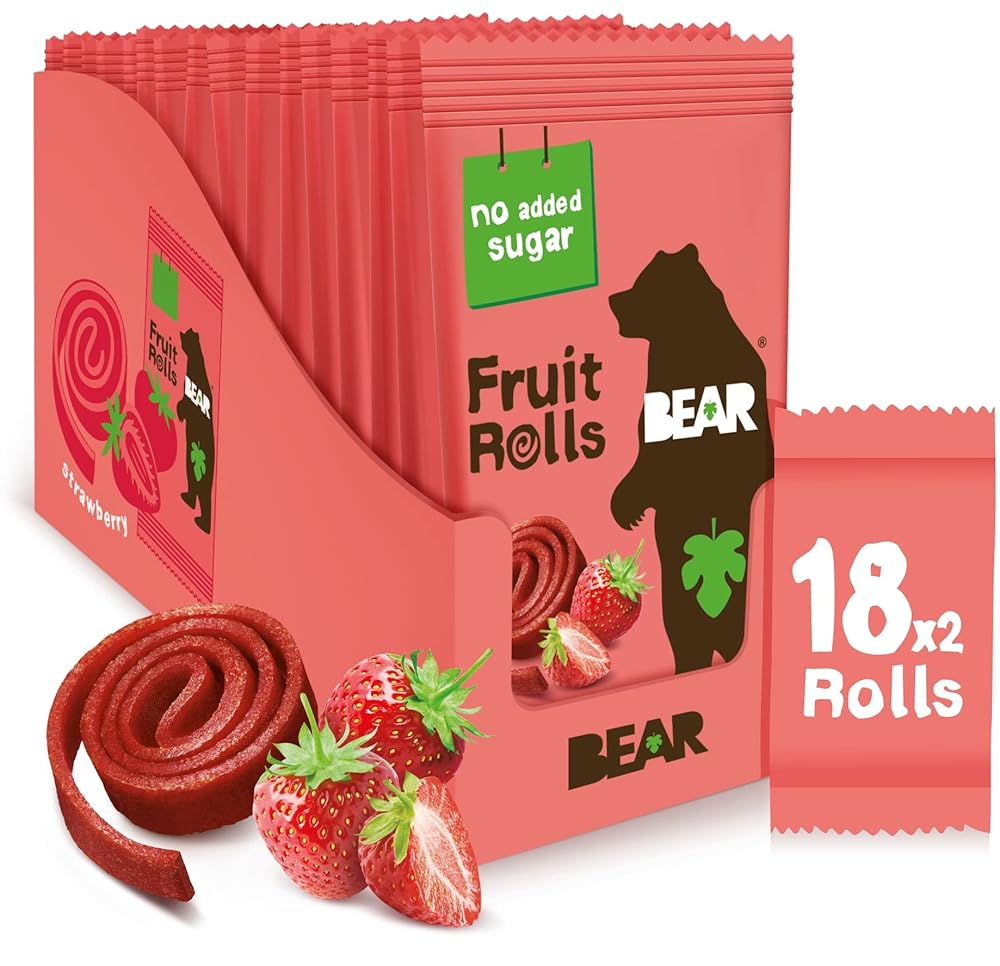 BEAR Fruit Rolls Strawberry - 100% Natural Ingredients - No added sugar - Healthy School and Lunch Snacks for Kids and Adults - 18 x 20g