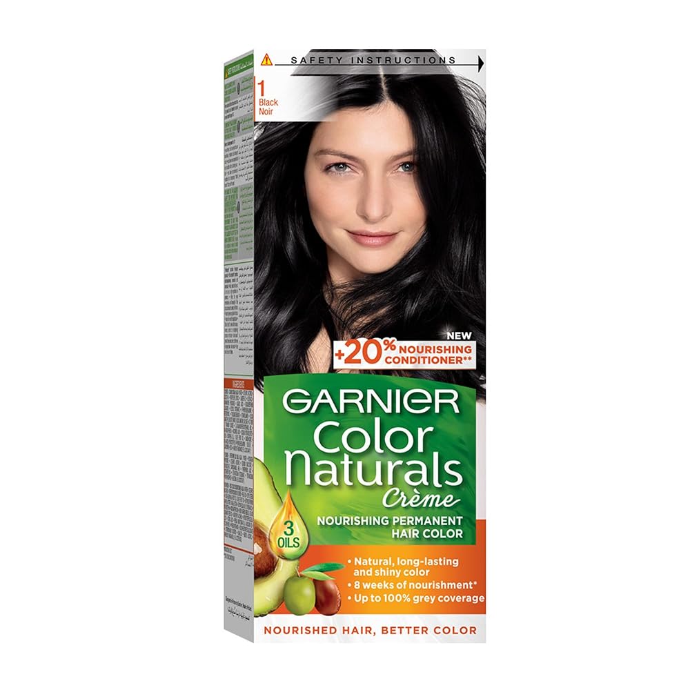 Garnier Hair Colour, With 3 Nourishing Oils, Grey Covereage, Long-lasting Shiny Colour, Natural-looking Result, For All Hair Types, Color Naturals Crème, 1 Black