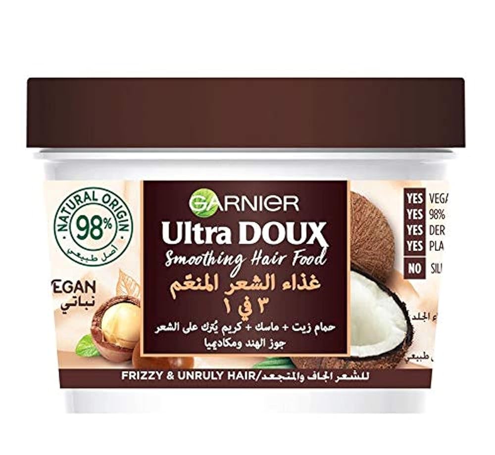 Garnier Ultra Doux Smoothing Coconut and Macademia 3-in-1 Hair Food Vegan Hair Mask For Frizzy Hair 390ml Hamam Zeit, Mask, Leave-in Conditioner