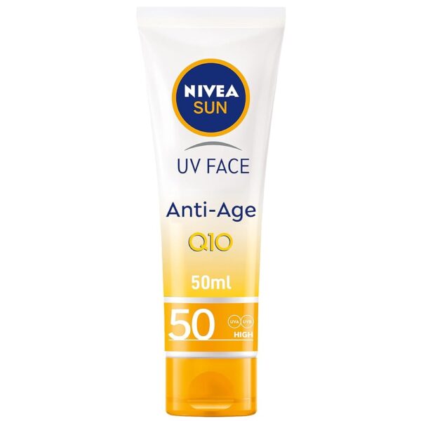 NIVEA SUN Face Cream, SPF 50, High UVA and UVB Protection, with Q10 Technology, Anti-Age, Water Resistant, Non-Greasy, 50ml