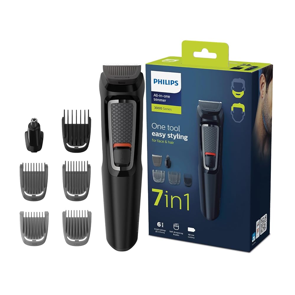 Philips Multigroom 3000 MG3720/33 | 7-in-1 All-in-One Trimmer for Face & Hair | Maintenance-Free Blades, Nose & Ear Trimmer | 60min Cordless Use, Includes Nose & Ear Trimmer,...