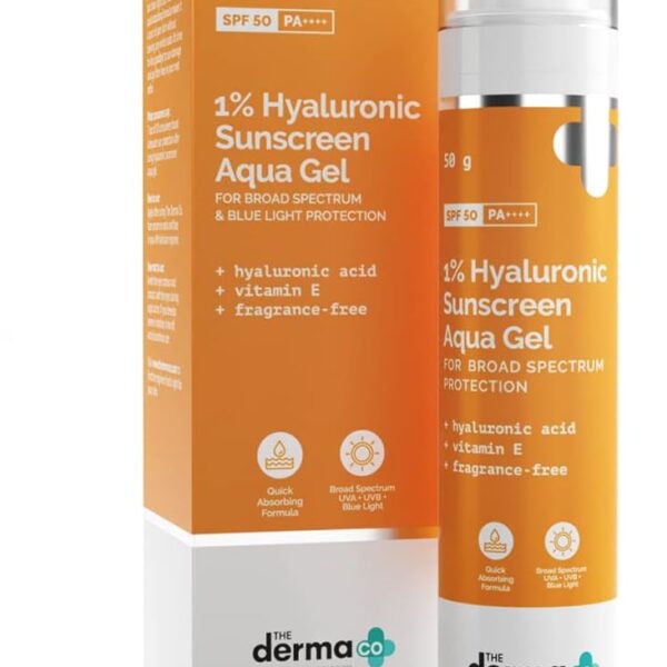 The Derma Co Hyaluronic Sunscreen Aqua Ultra Light Gel With Spf 50 Pa++++ For Broad Spectrum, UV A, UV B & Blue Light Protection For Oily Skin - 50G(Dermaco), Pack Of 1