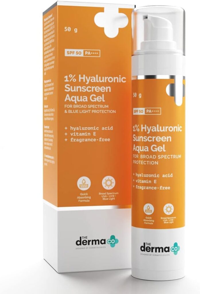 The Derma Co Hyaluronic Sunscreen Aqua Ultra Light Gel With Spf 50 Pa++++ For Broad Spectrum, UV A, UV B & Blue Light Protection For Oily Skin - 50G(Dermaco), Pack Of 1