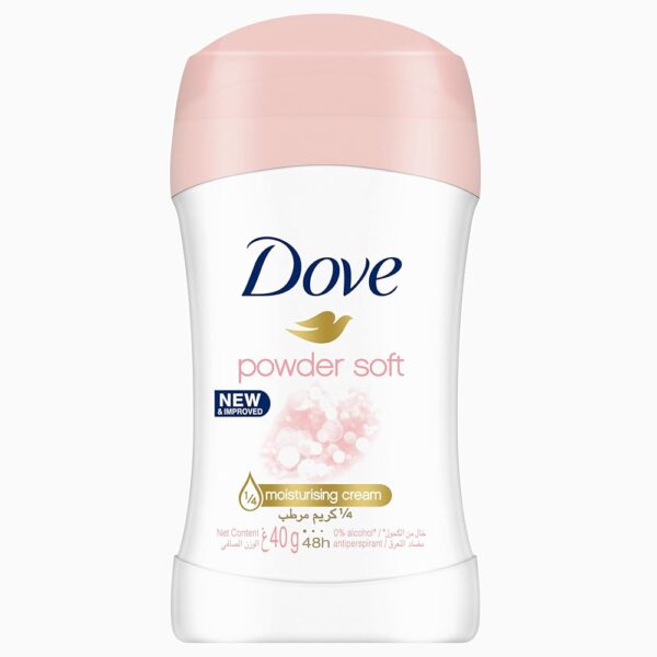 Dove Antiperspirant Deodorant Stick, for 48 hour protection, Powder Soft, alcohol free with ¼ moisturising cream, 40g