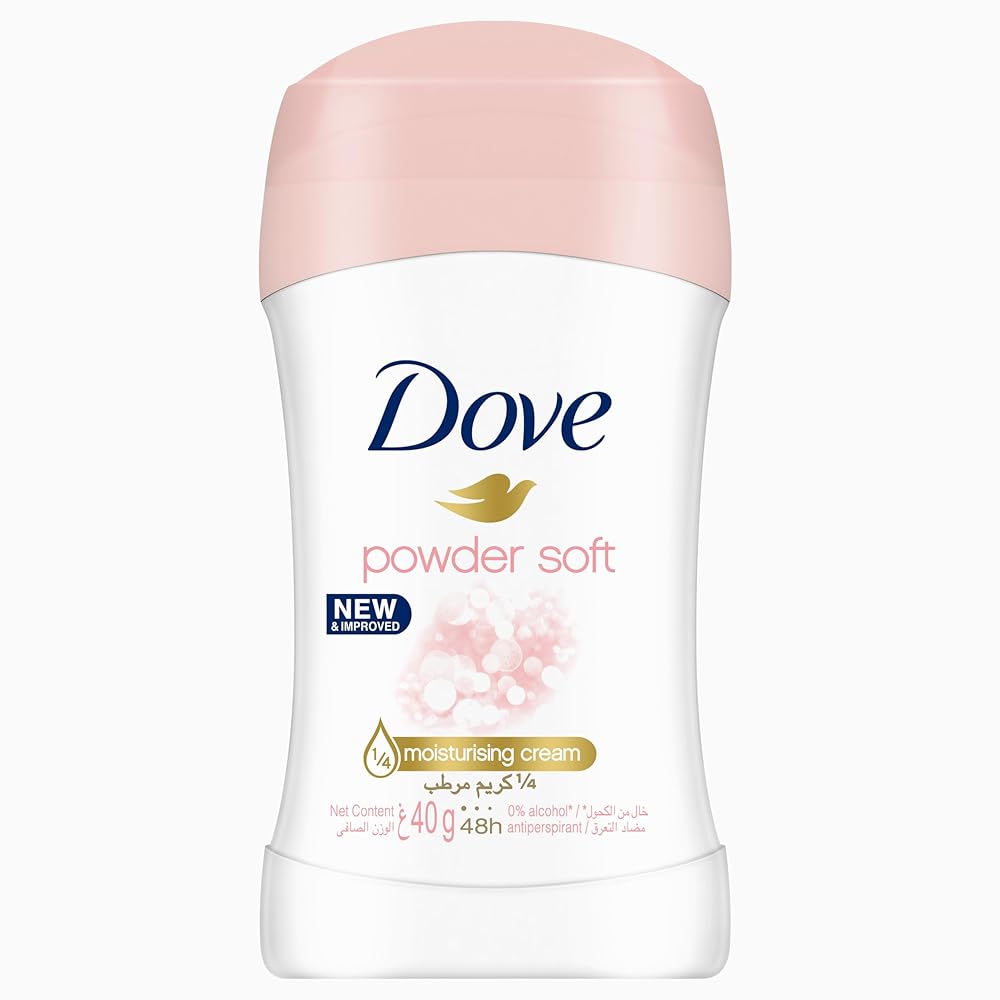 Dove Antiperspirant Deodorant Stick, for 48 hour protection, Powder Soft, alcohol free with ¼ moisturising cream, 40g