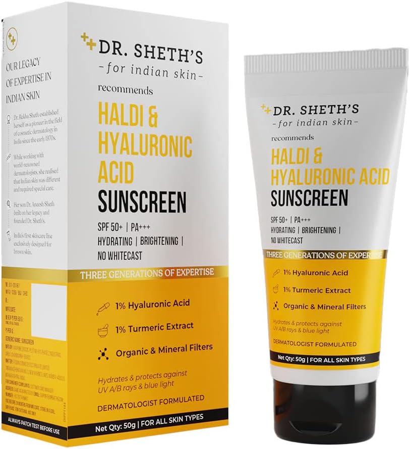 Dr. Sheth's Haldi & Hyaluronic Acid Sunscreen with 1% Hyaluronic Acid & 1% Turmeric Extract | Spf 50+ | PA+++ | Hydrating & Brightening | Protects against UVA/UVB & Blue light |...