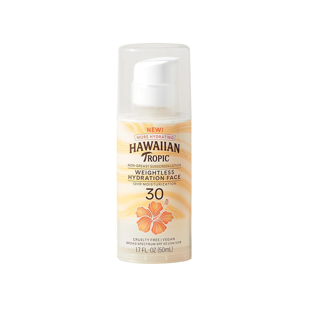 Hawaiian Tropic Oil Free Sunscreen Lotion Wieghtless Hydration for Face, SPF 30 UVA/ UVB Derm tested, 12hrs Moisturizaton,Wont Clof Pores, No Oxybenzone - 50ml