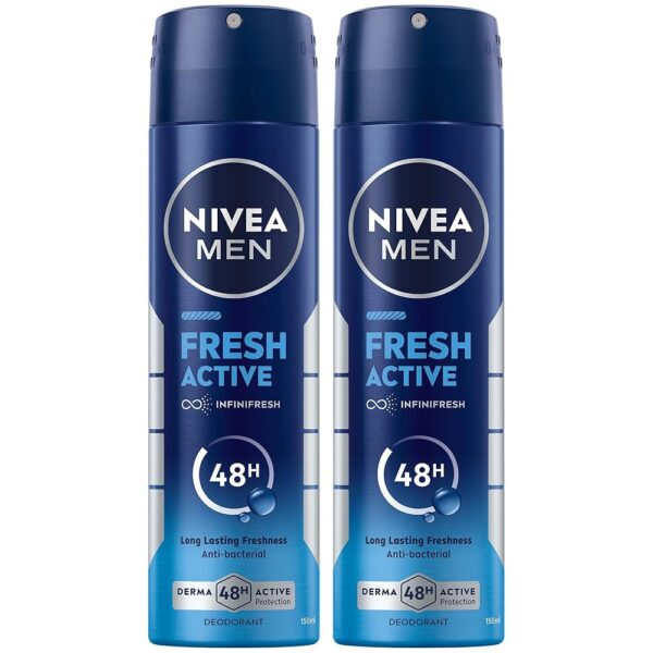 NIVEA MEN Antibacterial Deodorant Spray for Men, Fresh Active, 48H Active Protection, with Infini Fresh Formula, Long-Lasting Freshness, 2x150ml, Dual Pack