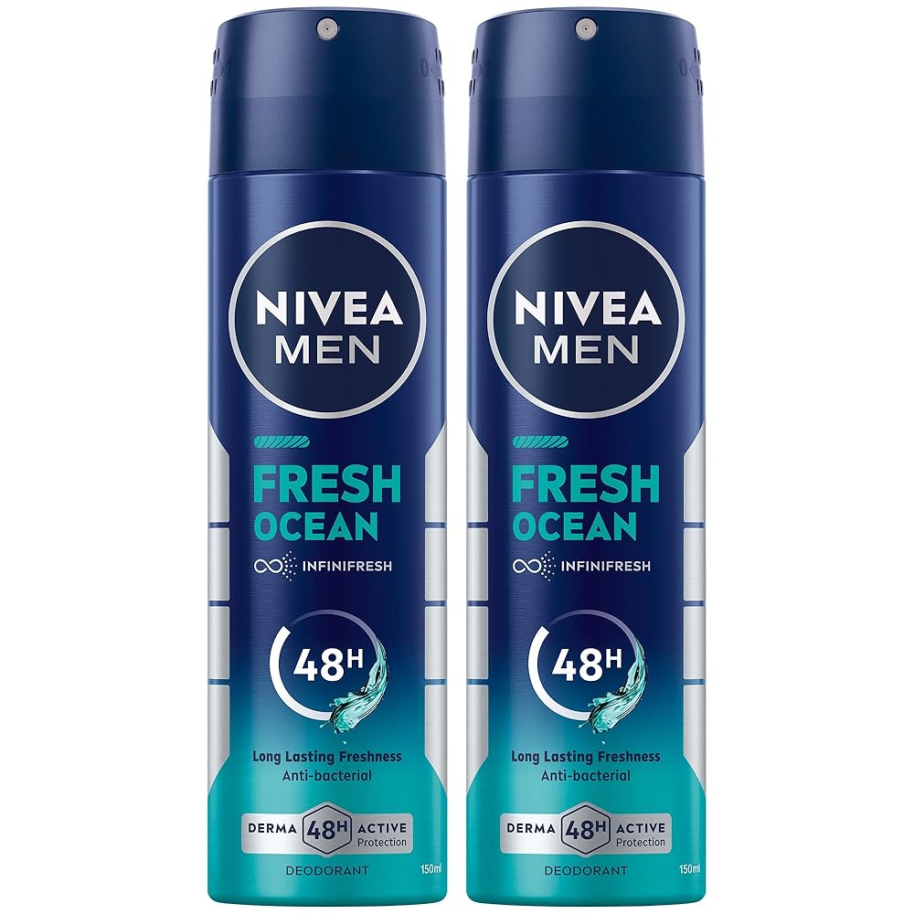 NIVEA MEN Antibacterial Deodorant Spray for Men, Fresh Ocean, 48H Active Protection, with Infini Fresh Formula, Long-Lasting Freshness, 2x150ml, Dual Pack