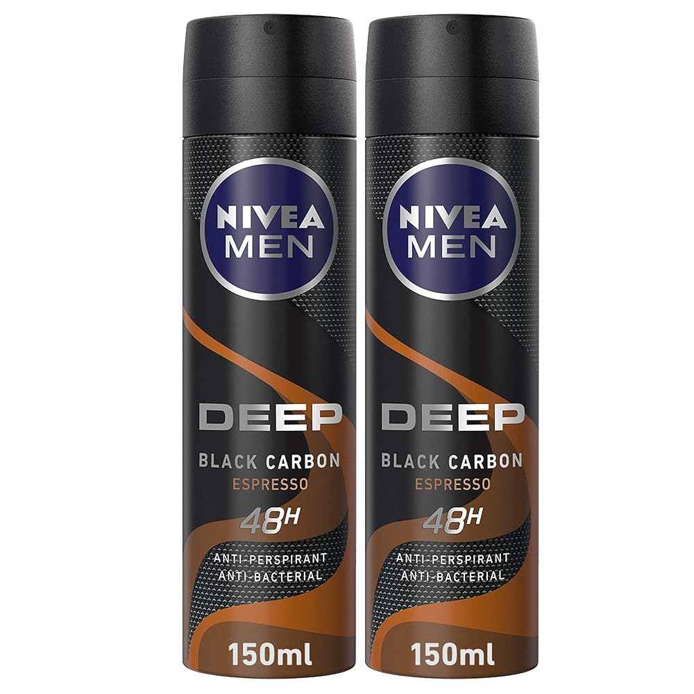 NIVEA MEN Antiperspirant Spray for Men, 48h Protection, DEEP Black Carbon Antibacterial, Espresso Scent, 2x150ml