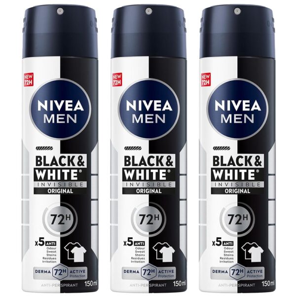 NIVEA MEN Antiperspirant Spray for Men, Black & White Invisible Protection Original, 3x150ml