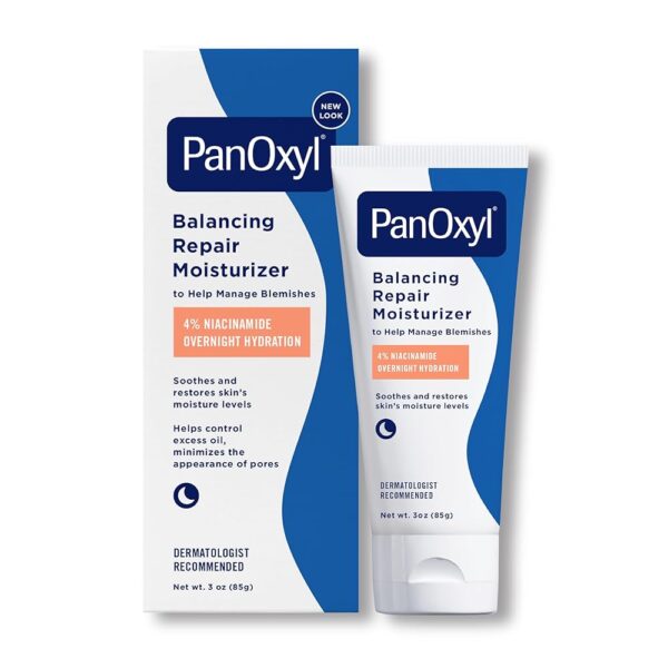 PanOxyl PM Balancing Repair Moisturizer with Niacinamide, Ceramides and Cica, Hydrating Face Moisturizer, Acne Prone Skin and Dry Skin, Non-Comedogenic Night Face Moisturizer, 3 oz