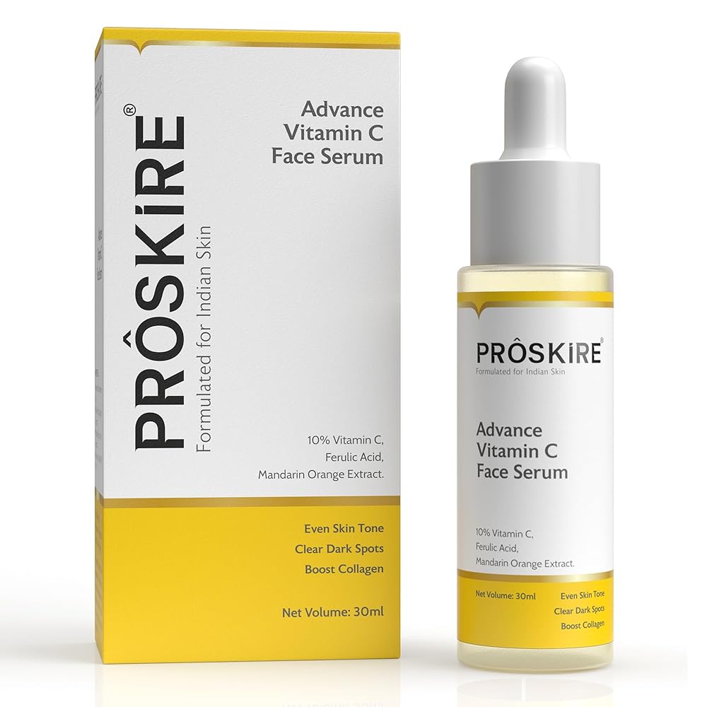 Proskire 10% Advance Vitamin C Serum With Ferulic Acid, Mandarin Orange Ext. For Dark Spots, Pigmentation & Glowing Face - 30 ml Pack