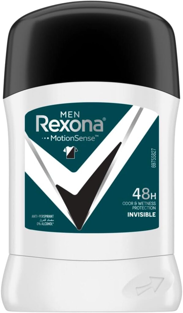 REXONA Men Antiperspirant Deodorant Stick, 48 hour sweat & odor protection, Antibacterial + Invisible, with MotionSense technology, 40g