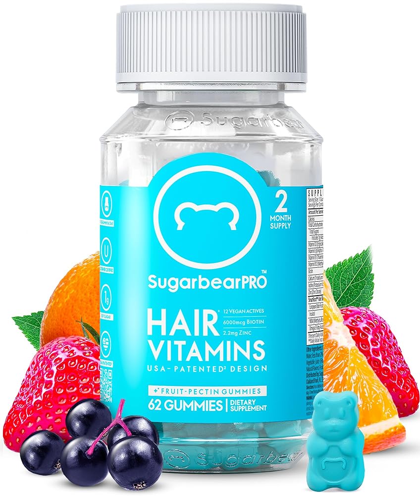 SugarBear Hair Vitamins, Vegan Gummy Hair Vitamins with Biotin, Vitamin D, Vitamin B-12, Folic Acid, Vitamin A (1 Month Supply)