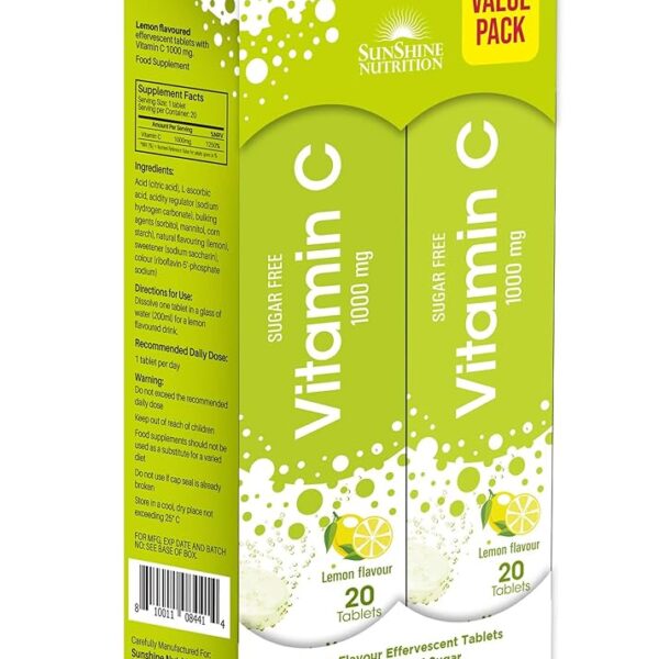 Sunshine Nutrition Vitamin C 1000Mg, (2X20 Tablets) | Effervescent Tablets Value Pack | No Added Sugar | Lemon Flavor