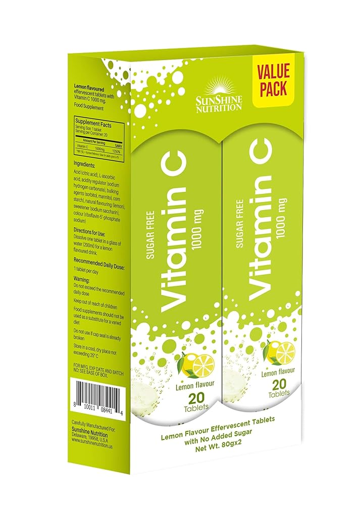 Sunshine Nutrition Vitamin C 1000Mg, (2X20 Tablets) | Effervescent Tablets Value Pack | No Added Sugar | Lemon Flavor