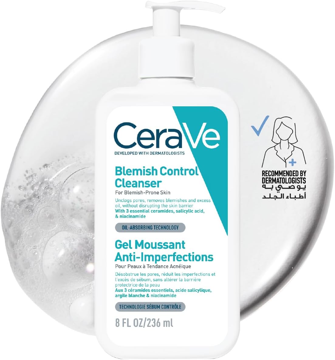 CeraVe Blemish Control Cleanser Face Wash For Acne & Blemish Prone Skin with 2% Salicylic Acid, Niacinamide and Ceramides 236 ml | Exfoliating Gel-to-Foam Face Wash with 3 Essential Ceramides, Reduces Blackheads & Breakouts, Oil-Absorbing 1 خرید مراقبت پوست CeraVe Blemish Control Cleanser