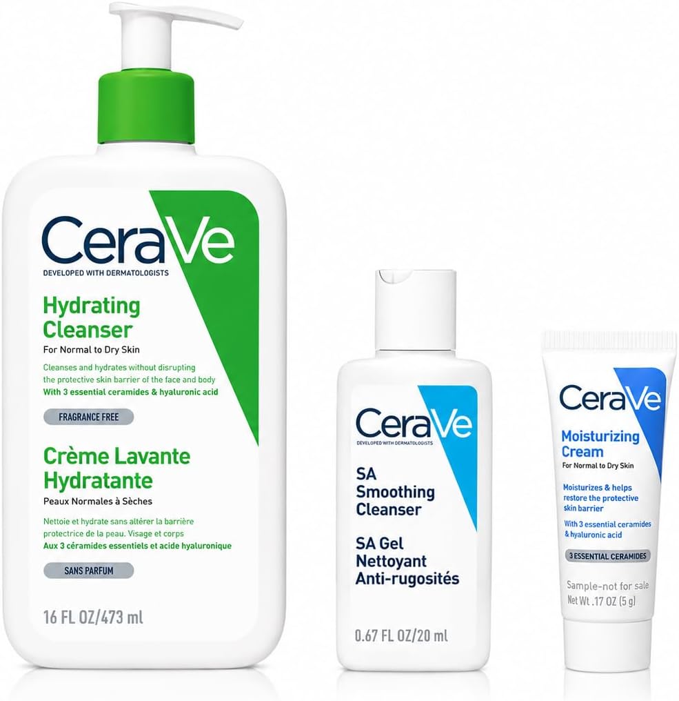 CeraVe Hydrating Cleanser 473ml + FREE Moisturizing Cream Mini 5.5ml + FREE SA Smoothing Cleanser Mini 20ml 1 خرید مراقبت پوست CeraVe Hydrating Cleanser 473ml